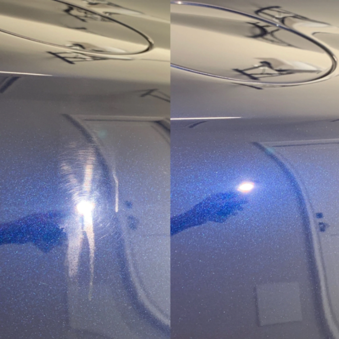 Two-step polish on blue metallic paint eliminating buffer trails and holograms