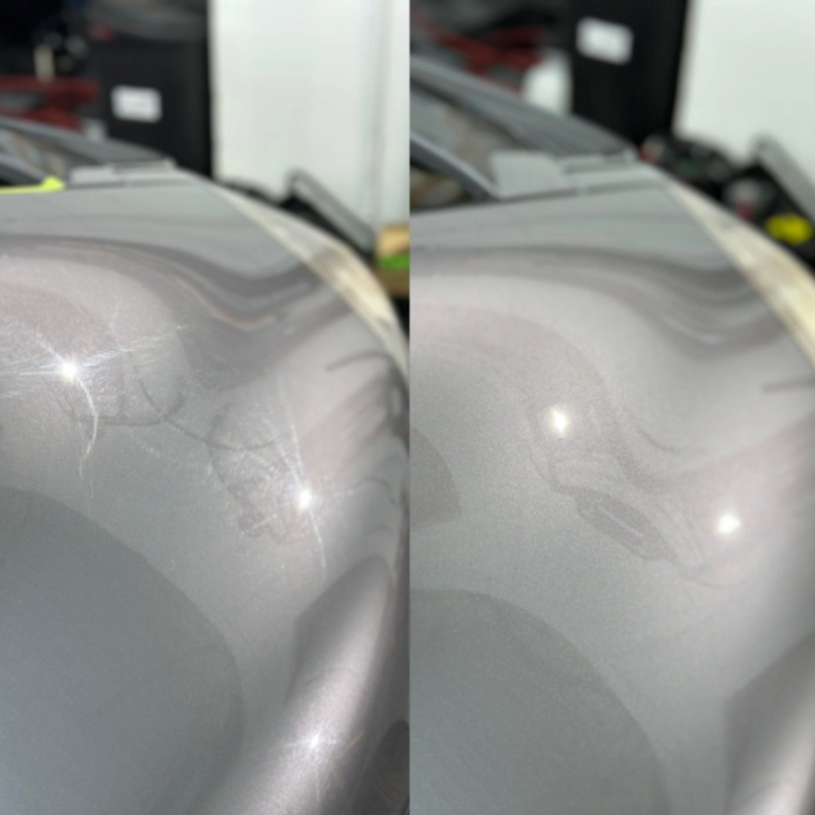 Side-by-side paint correction on silver fender removing scratches and marring